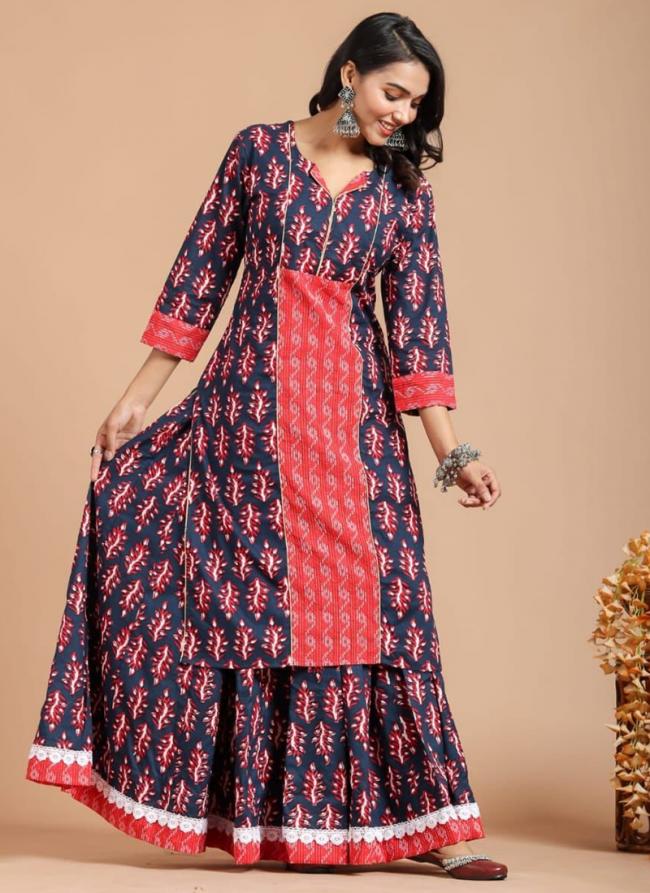 Cotton Navy Blue Traditional Wear Printed Readymade Kurti With Plazzo